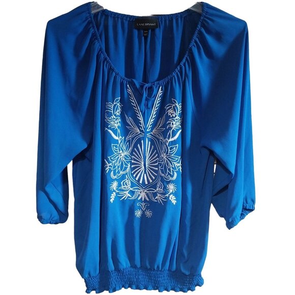 Lane Bryant Womens Blue Embroidered Peasant Blouse 3/4 Sleeves Size 18/20 - Picture 1 of 5